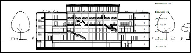 Collège : coupe nord-sud (sur l’atrium), en regardant l’ouest